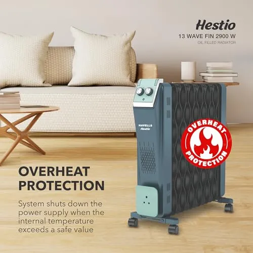 Havells Hestio 13 Wave Fin OFR 2900 Watt with 3 Heat Setting "1000W/1500W/2500W" & PTC Heater 400W (Blue & Black)