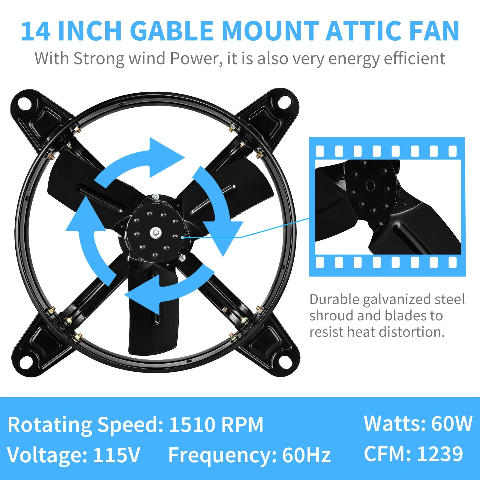 HealSmart 14 Inch Mount Fan Attic Gable Ventilator with Adjustable Temperature Thermostat, 1239 CFM, Black