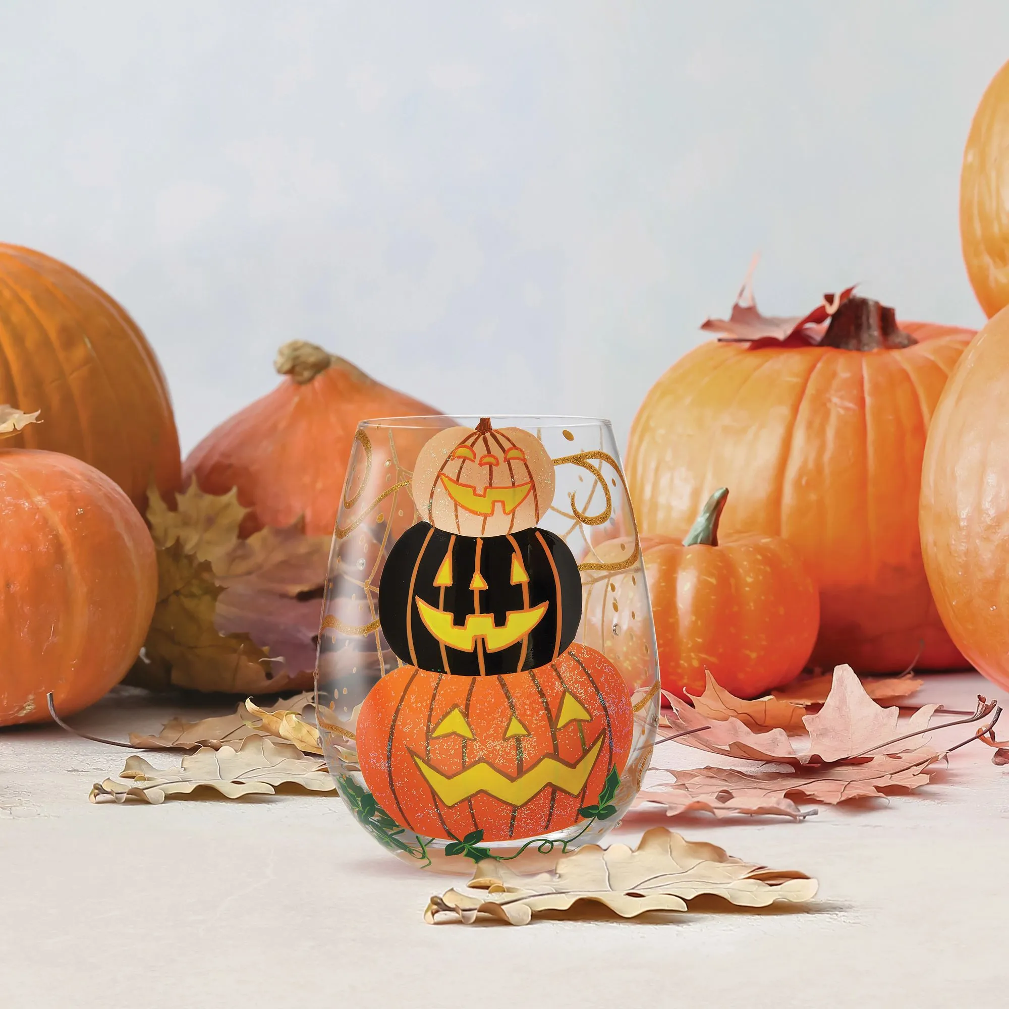 Hello Halloween Hand Painted Stemless Wine Glass