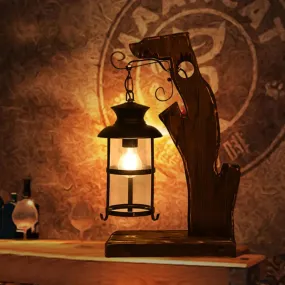 Industrial Style Black Table Lamp: Clear Glass Lantern with Wood Base