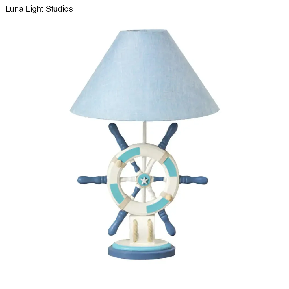 Kids Wooden Table Light - Lifebuoy/Rudder 5-Light Blue Nightstand Lamp with Conical Fabric Shade