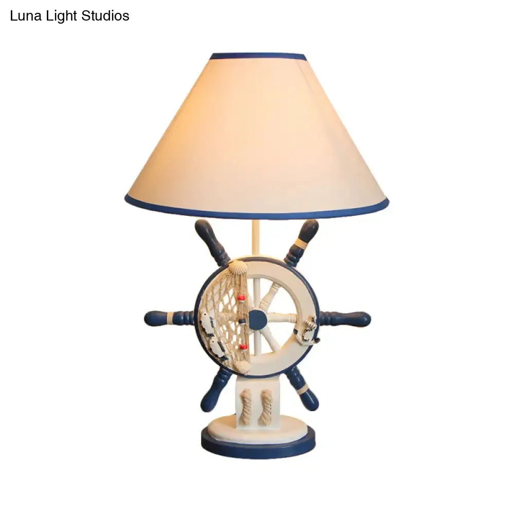 Kids Wooden Table Light - Lifebuoy/Rudder 5-Light Blue Nightstand Lamp with Conical Fabric Shade