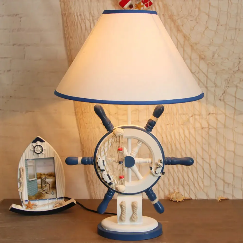 Kids Wooden Table Light - Lifebuoy/Rudder 5-Light Blue Nightstand Lamp with Conical Fabric Shade