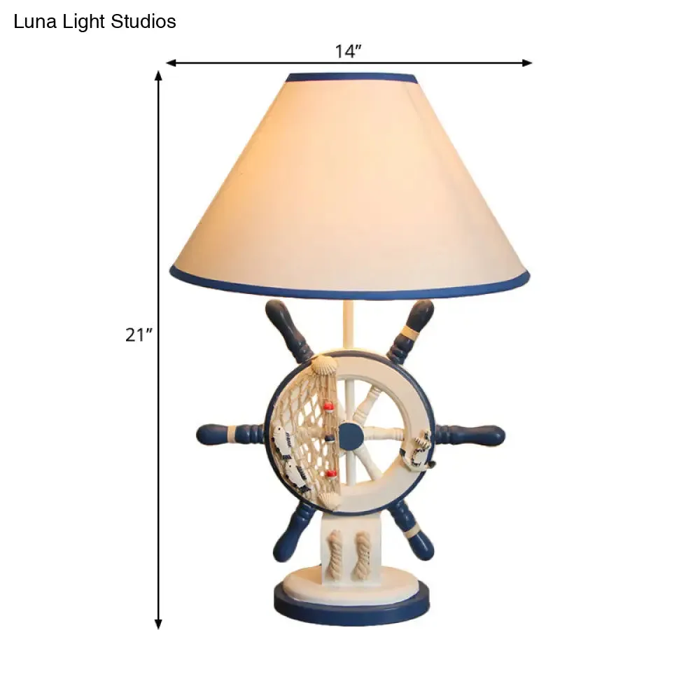 Kids Wooden Table Light - Lifebuoy/Rudder 5-Light Blue Nightstand Lamp with Conical Fabric Shade