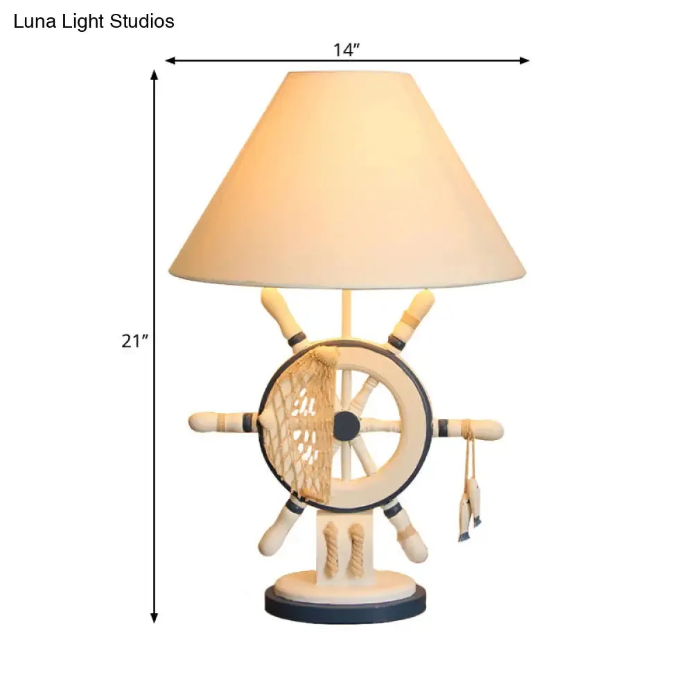 Kids Wooden Table Light - Lifebuoy/Rudder 5-Light Blue Nightstand Lamp with Conical Fabric Shade