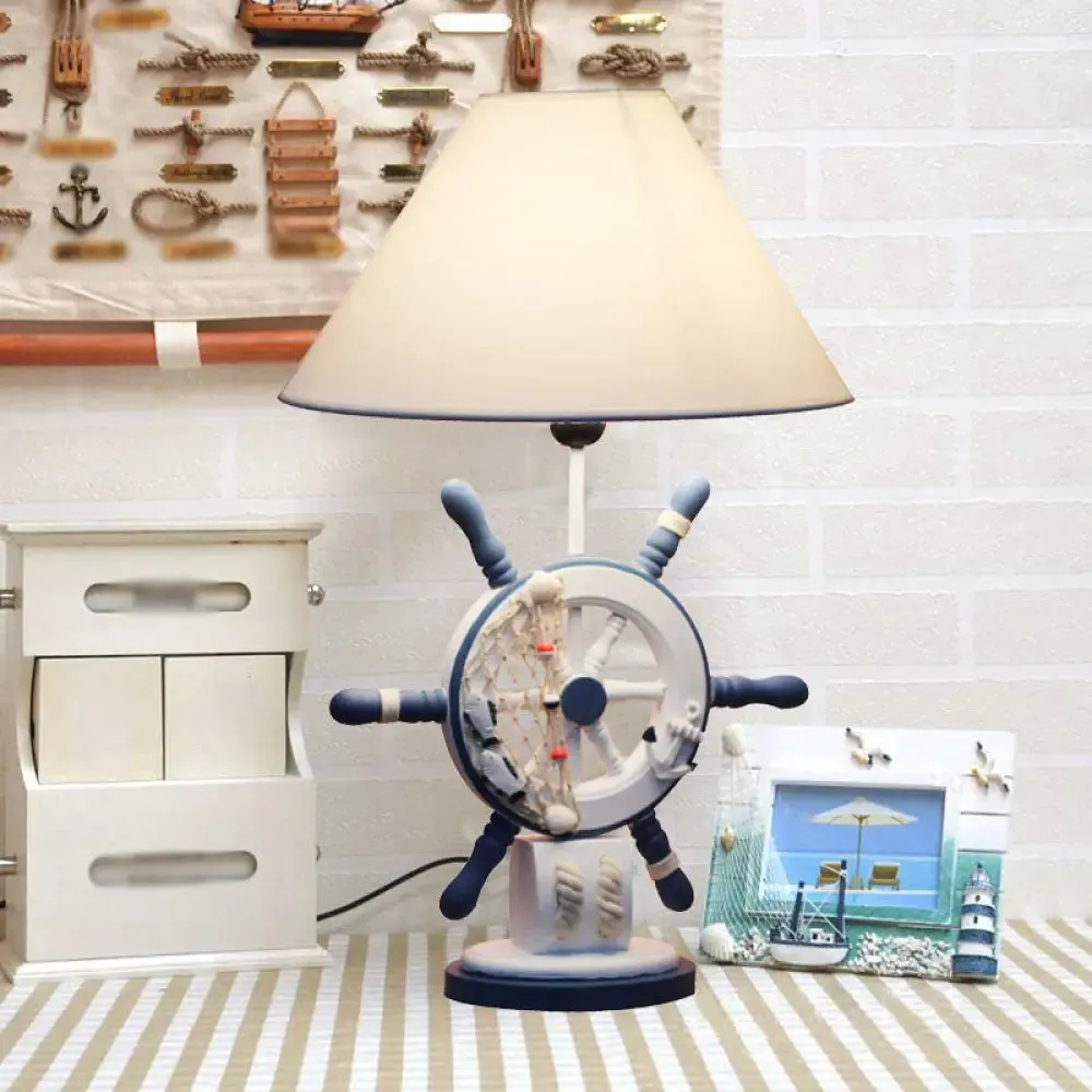 Kids Wooden Table Light - Lifebuoy/Rudder 5-Light Blue Nightstand Lamp with Conical Fabric Shade