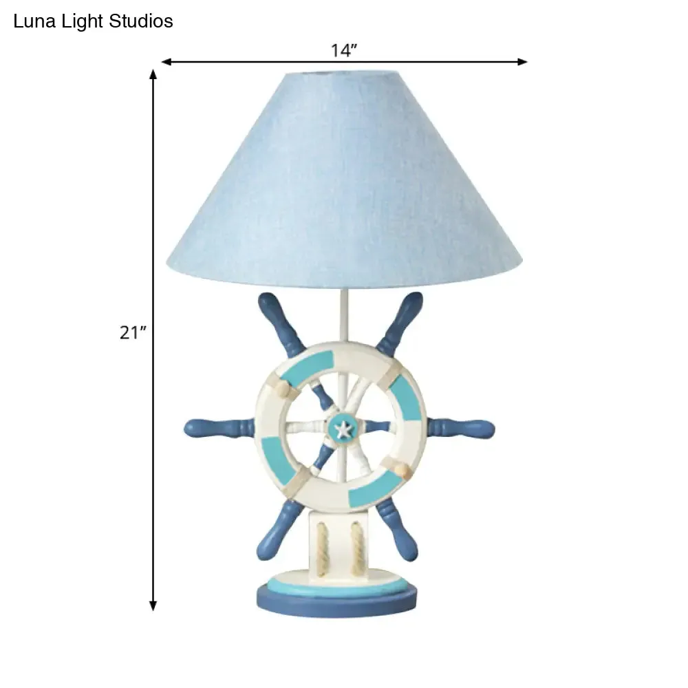 Kids Wooden Table Light - Lifebuoy/Rudder 5-Light Blue Nightstand Lamp with Conical Fabric Shade