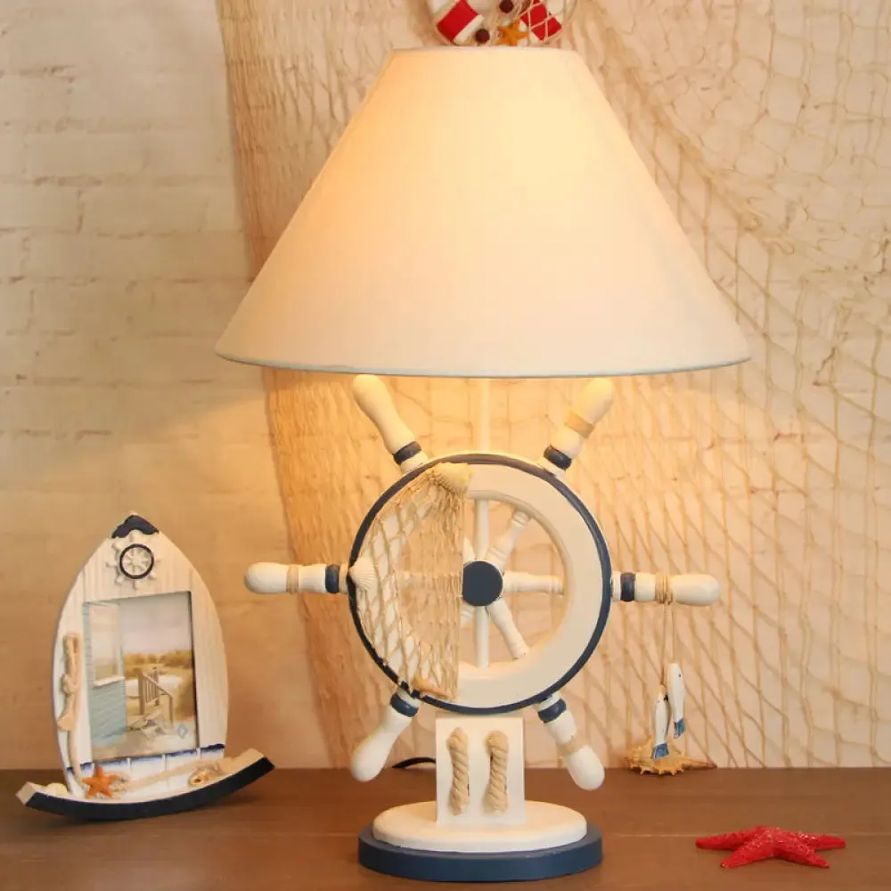 Kids Wooden Table Light - Lifebuoy/Rudder 5-Light Blue Nightstand Lamp with Conical Fabric Shade