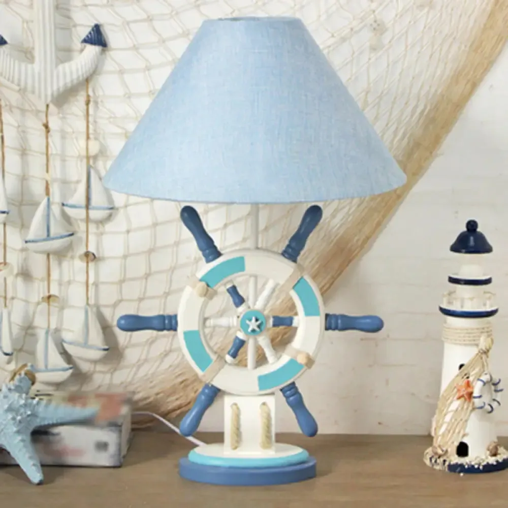 Kids Wooden Table Light - Lifebuoy/Rudder 5-Light Blue Nightstand Lamp with Conical Fabric Shade