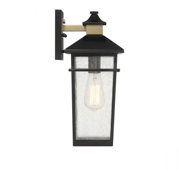 KINGSLEY 1-LIGHT OUTDOOR WALL LANTERN, MATTE BLACK W/ WARM BRASS ACCENTS