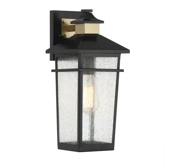 KINGSLEY 1-LIGHT OUTDOOR WALL LANTERN, MATTE BLACK W/ WARM BRASS ACCENTS