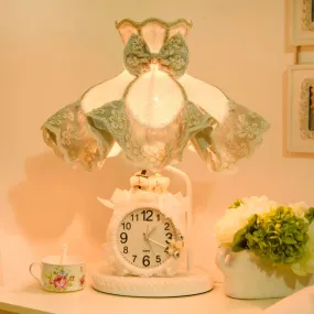 Korean Garden White Nightstand Lamp: Ruffled Fabric Shade, Clock, and Soft Bedroom Night Light