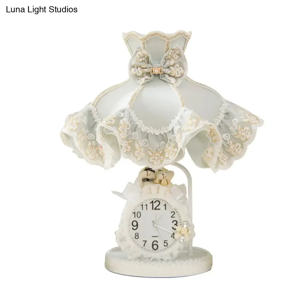 Korean Garden White Nightstand Lamp: Ruffled Fabric Shade, Clock, and Soft Bedroom Night Light