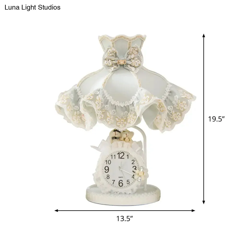 Korean Garden White Nightstand Lamp: Ruffled Fabric Shade, Clock, and Soft Bedroom Night Light