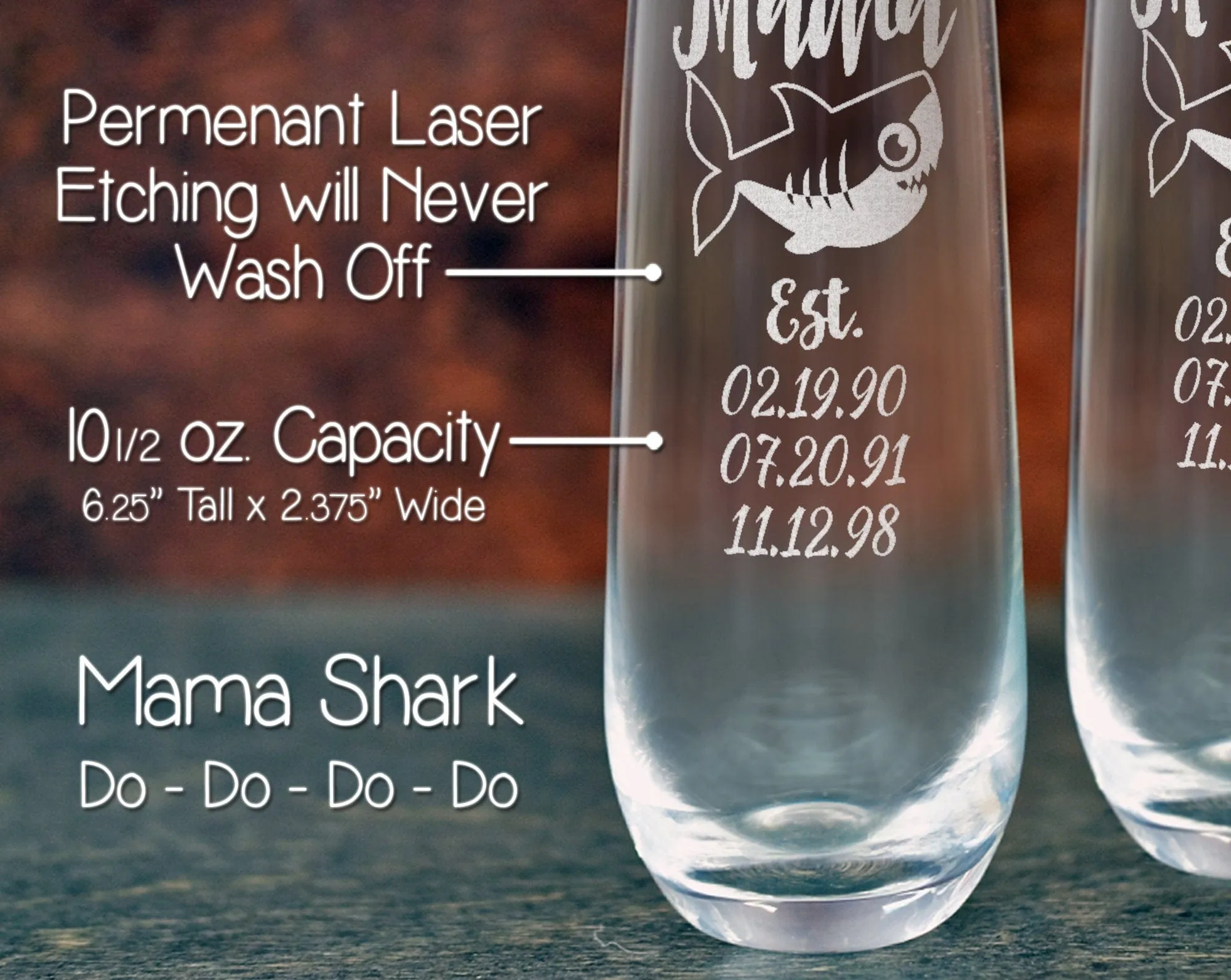 Mama Shark Est. Children Novelty Stemless Champagne Glass First Mothers Day Gift from Daughter, Son Baby Shower for New Mom Wife Birthday