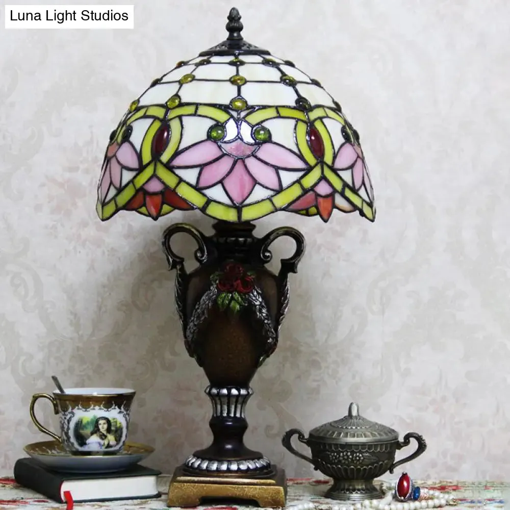 Mediterranean Desk Lamp: Hand-Cut Glass Blossom Pattern Night Light in Yellow/Green with Trophy Base