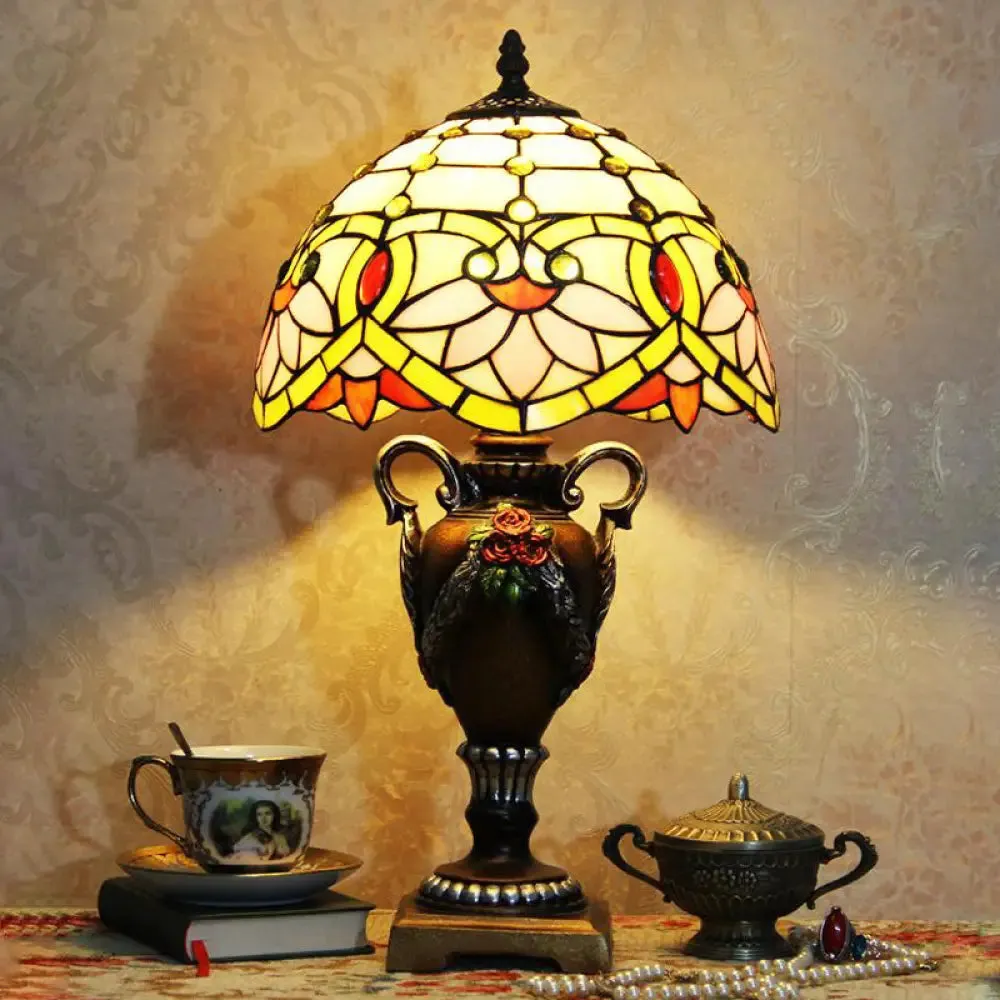 Mediterranean Desk Lamp: Hand-Cut Glass Blossom Pattern Night Light in Yellow/Green with Trophy Base