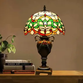 Mediterranean Desk Lamp: Hand-Cut Glass Blossom Pattern Night Light in Yellow/Green with Trophy Base