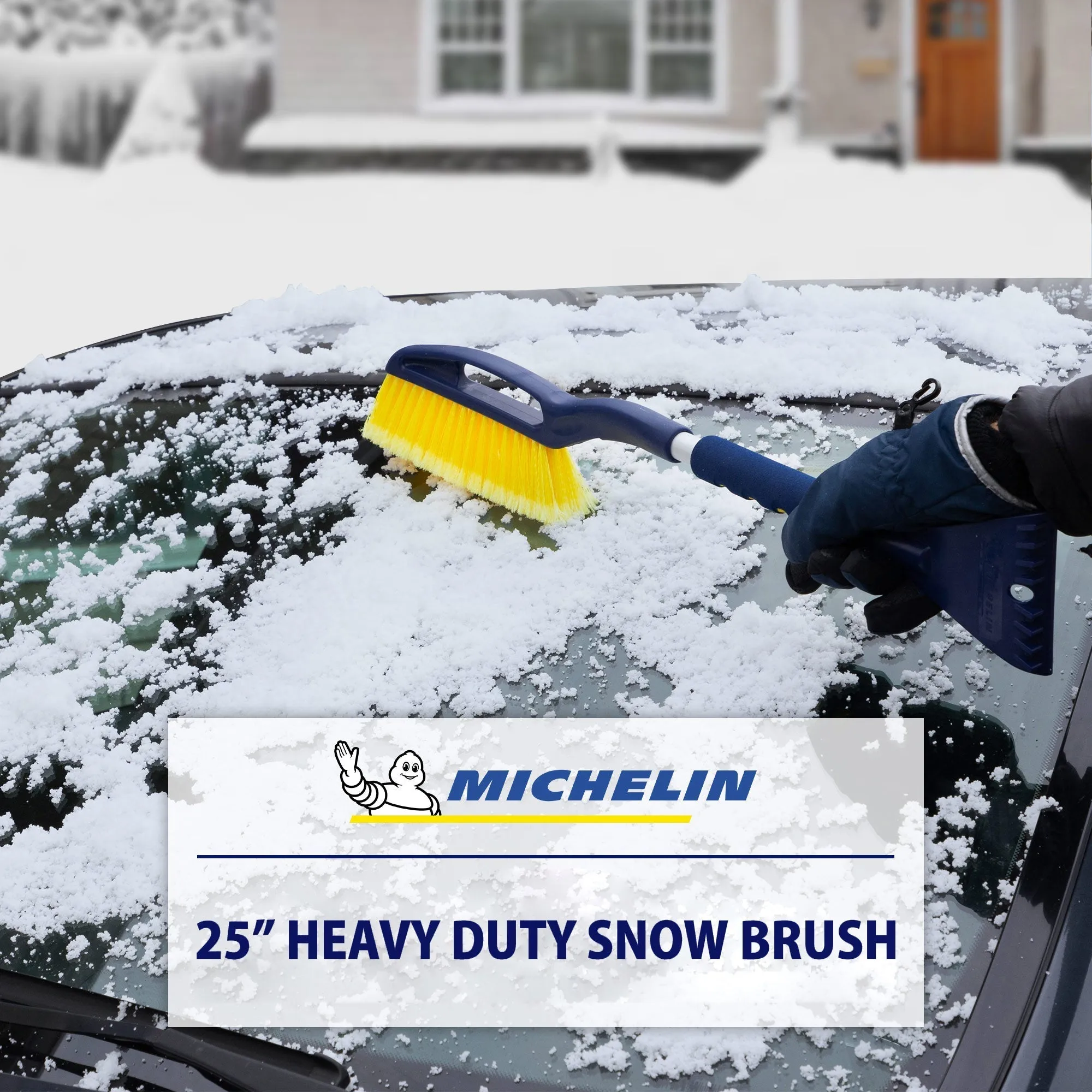 Michelin Heavy Duty 25 Inch Snow Brush with Ice Scraper, Blue Yellow Gray, Lightweight Aluminium Shaft, Ergonomic Handle with Power Scraping Grip Design, for Snow, Ice, Slush, Car, SUV, Truck, Pack of 2