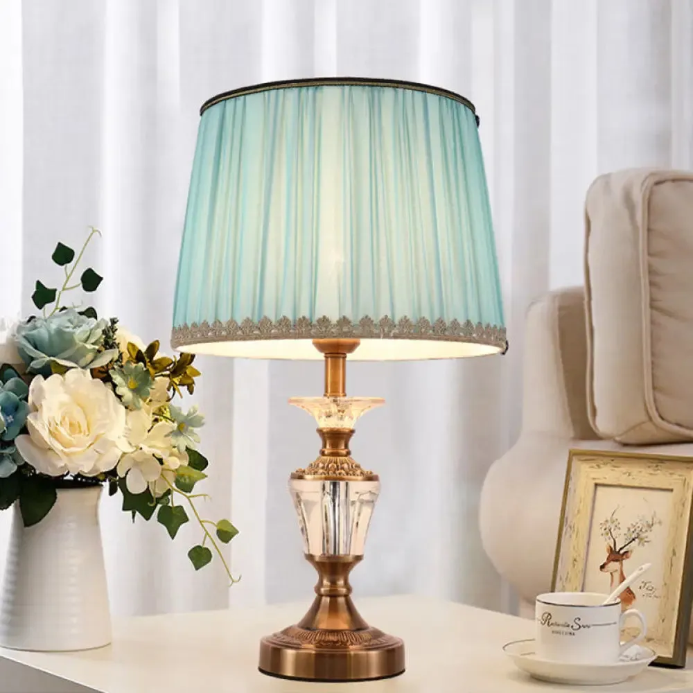 Modern Drum Shade Crystal Reading Light Nightstand Lamp in Blue/Beige