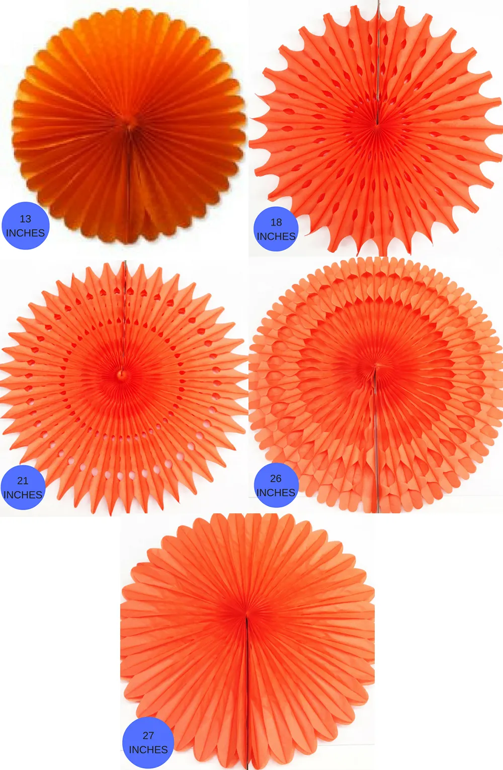 Orange Paper Fans, 5 Sizes