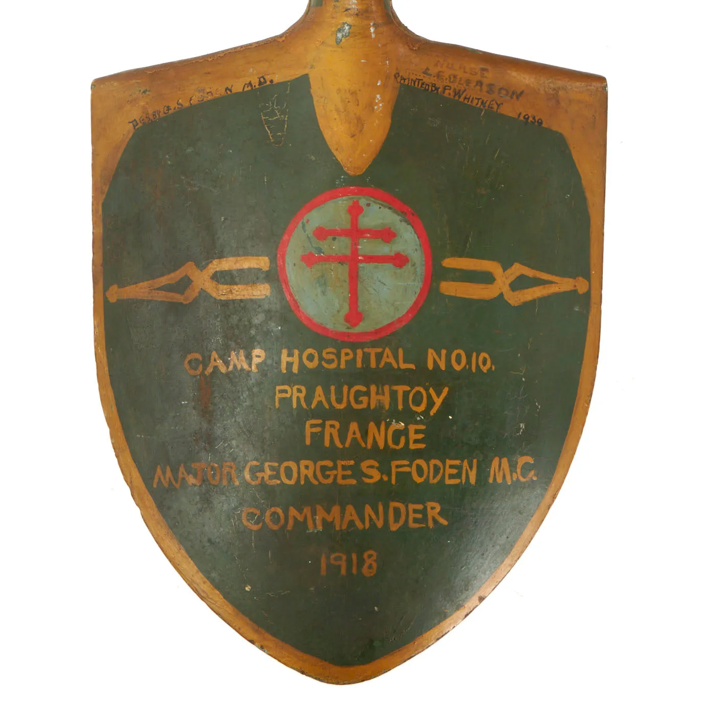 Original Fantastic WWI U.S. Folk Art Presentation Shovel Attributed to Major G.S. Foden, Commander Base Hospital No.10