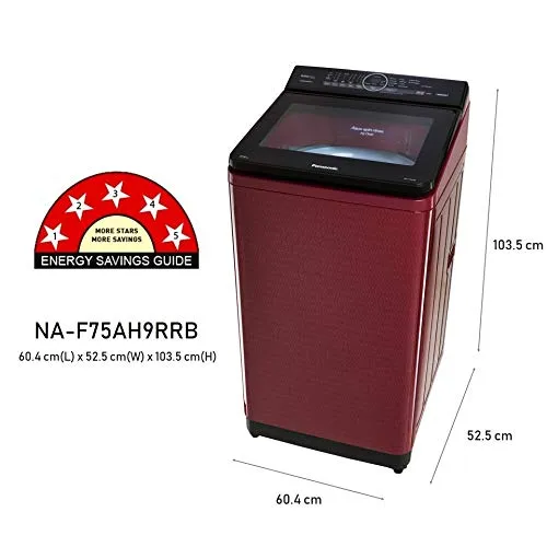 Panasonic 7.5 Kg 5 Star Built-In Heater Fully-Automatic Top Loading Washing Machine (NA-F75AH9RRB, Wine Red, Active Foam System)