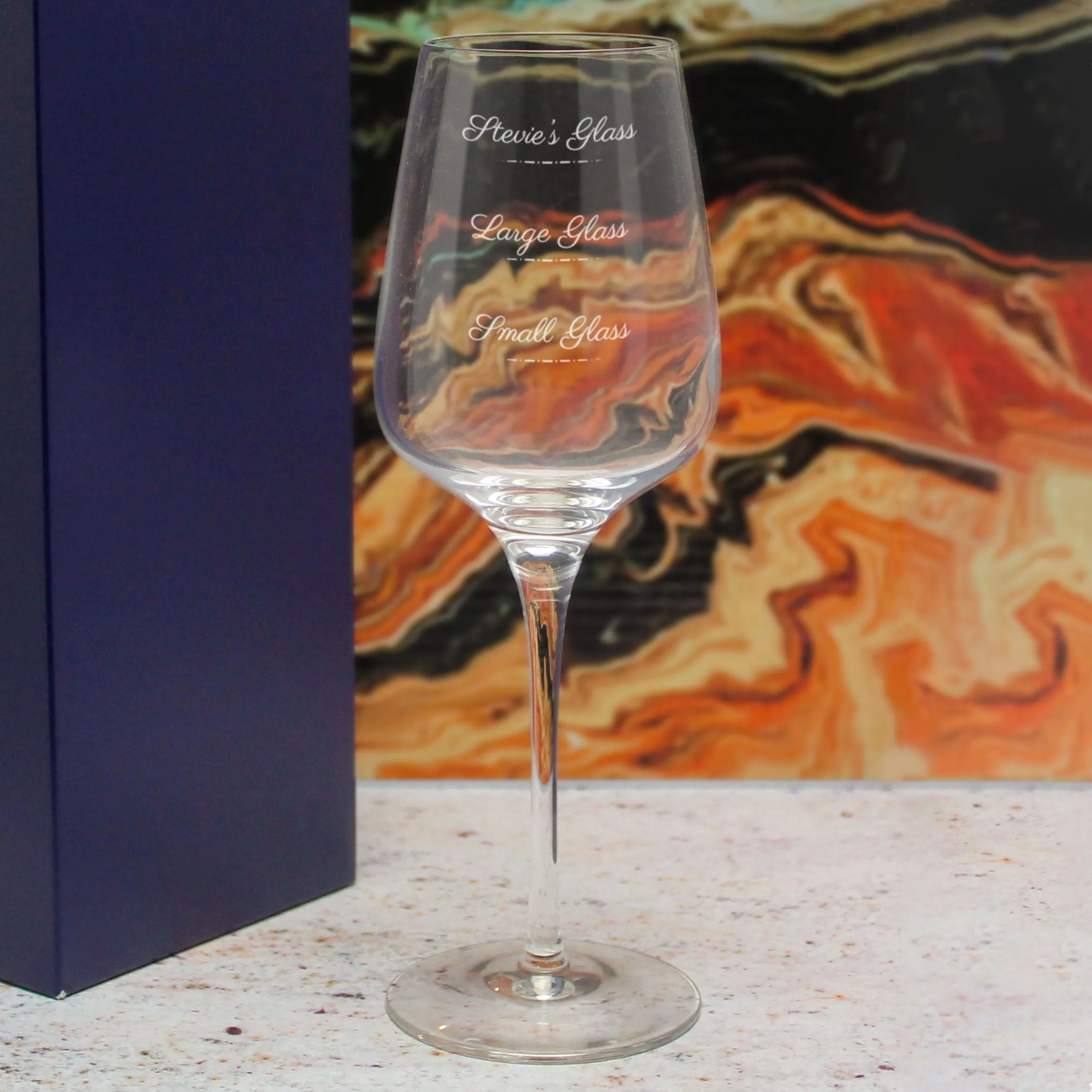 Personalised Engraved Sublym Wine Glass with Name's Glass Script Measurements Design, Customise with Any Name