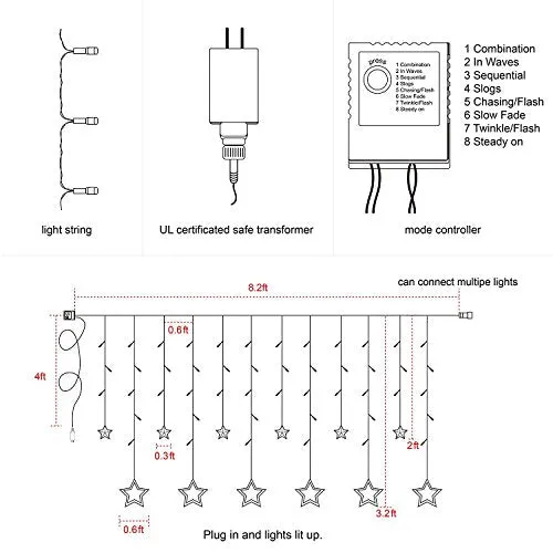 Quace 12 Stars 138 LED Curtain String Lights, Window Curtain Lights with 8 Flashing Modes Decoration for Christmas, Wedding, Party, Home, Patio Lawn, Warm White (138 LED - Star) - Warm White