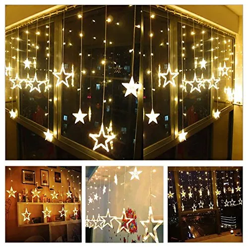 Quace 12 Stars 138 LED Curtain String Lights, Window Curtain Lights with 8 Flashing Modes Decoration for Christmas, Wedding, Party, Home, Patio Lawn, Warm White (138 LED - Star) - Warm White