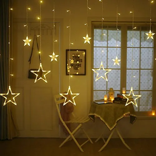 Quace 12 Stars 138 LED Curtain String Lights, Window Curtain Lights with 8 Flashing Modes Decoration for Christmas, Wedding, Party, Home, Patio Lawn, Warm White (138 LED - Star) - Warm White