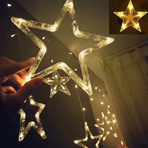 Quace 12 Stars 138 LED Curtain String Lights, Window Curtain Lights with 8 Flashing Modes Decoration for Christmas, Wedding, Party, Home, Patio Lawn, Warm White (138 LED - Star) - Warm White