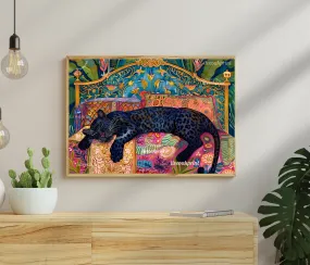 Sleepy Leopard - Black Leopard in a Colorful Bedroom - Panther Bedroom - Maximalist Wall Art - Colorful Bedroom Art - Over Bed Wall Art