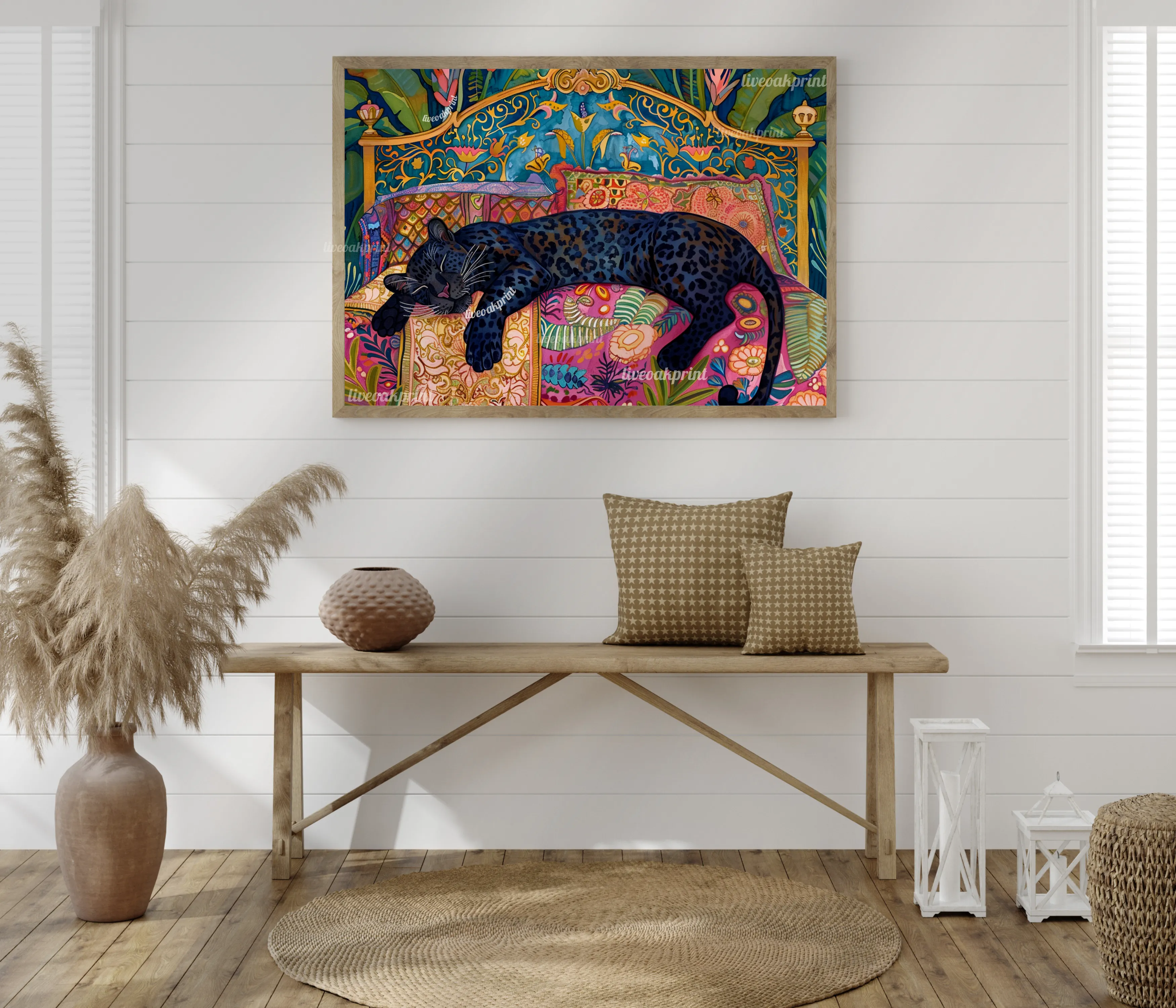 Sleepy Leopard - Black Leopard in a Colorful Bedroom - Panther Bedroom - Maximalist Wall Art - Colorful Bedroom Art - Over Bed Wall Art