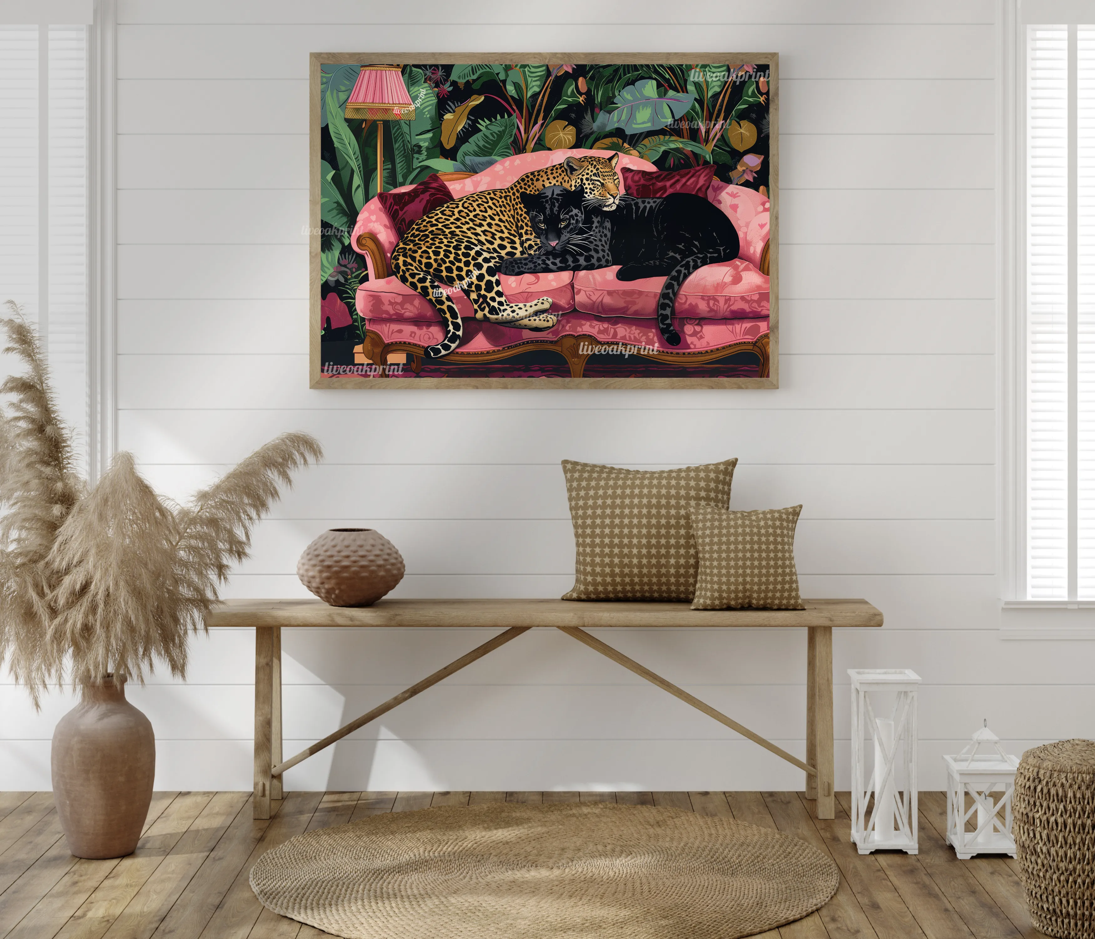 Snuggly Leopard and Black Panther In a Vintage Couch - Leopard Bedroom - Maximalist Wall Art - Black Panther Print - Leopard Wall Art