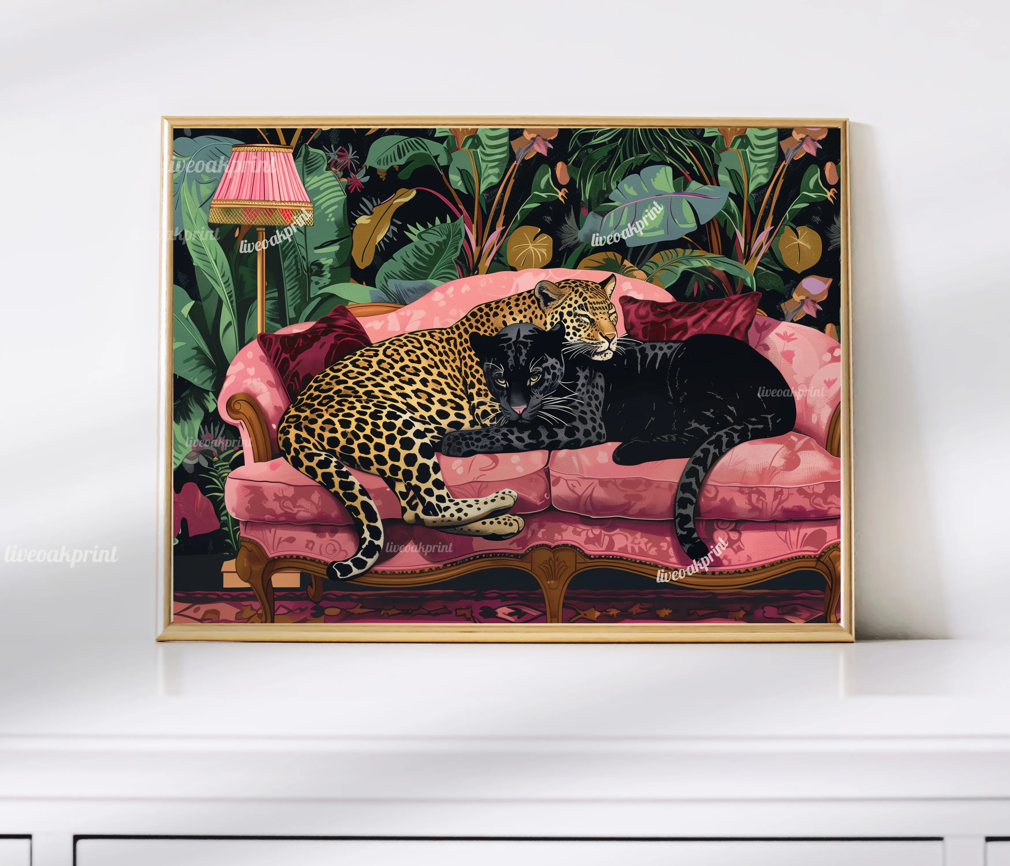 Snuggly Leopard and Black Panther In a Vintage Couch - Leopard Bedroom - Maximalist Wall Art - Black Panther Print - Leopard Wall Art