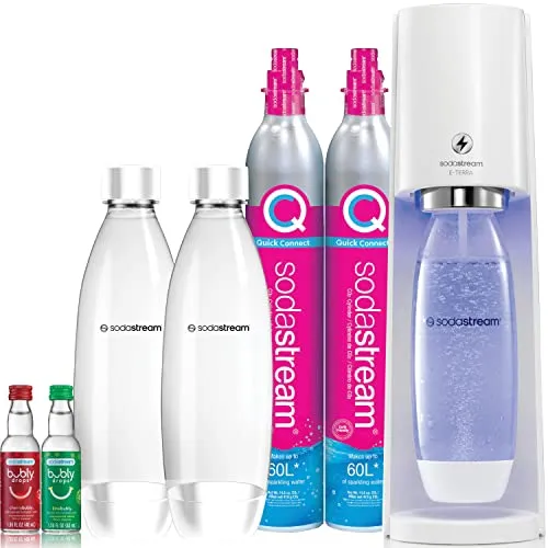 SodaStream E-TERRA Sparkling Water Maker Bundle (White), with CO2, Carbonating Bottles, and bubly Drops Flavors