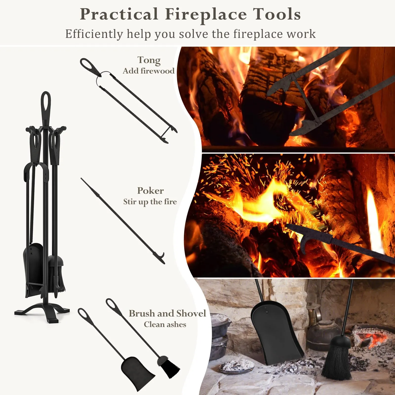 Tangkula 5 Pieces Fireplace Tool Set, Fireplace Accessories with Poker