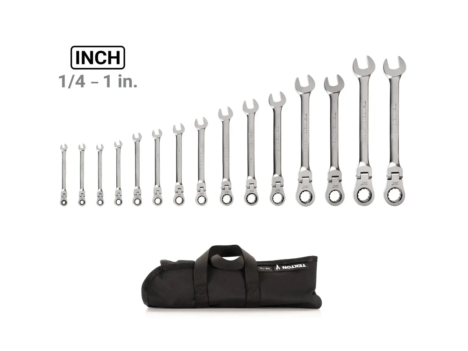 Tekton WRC95401 15 Pc SAE Flex Head 12-Pt Ratcheting Comb. Wrench Set w/ Pouch 1/4"-1"