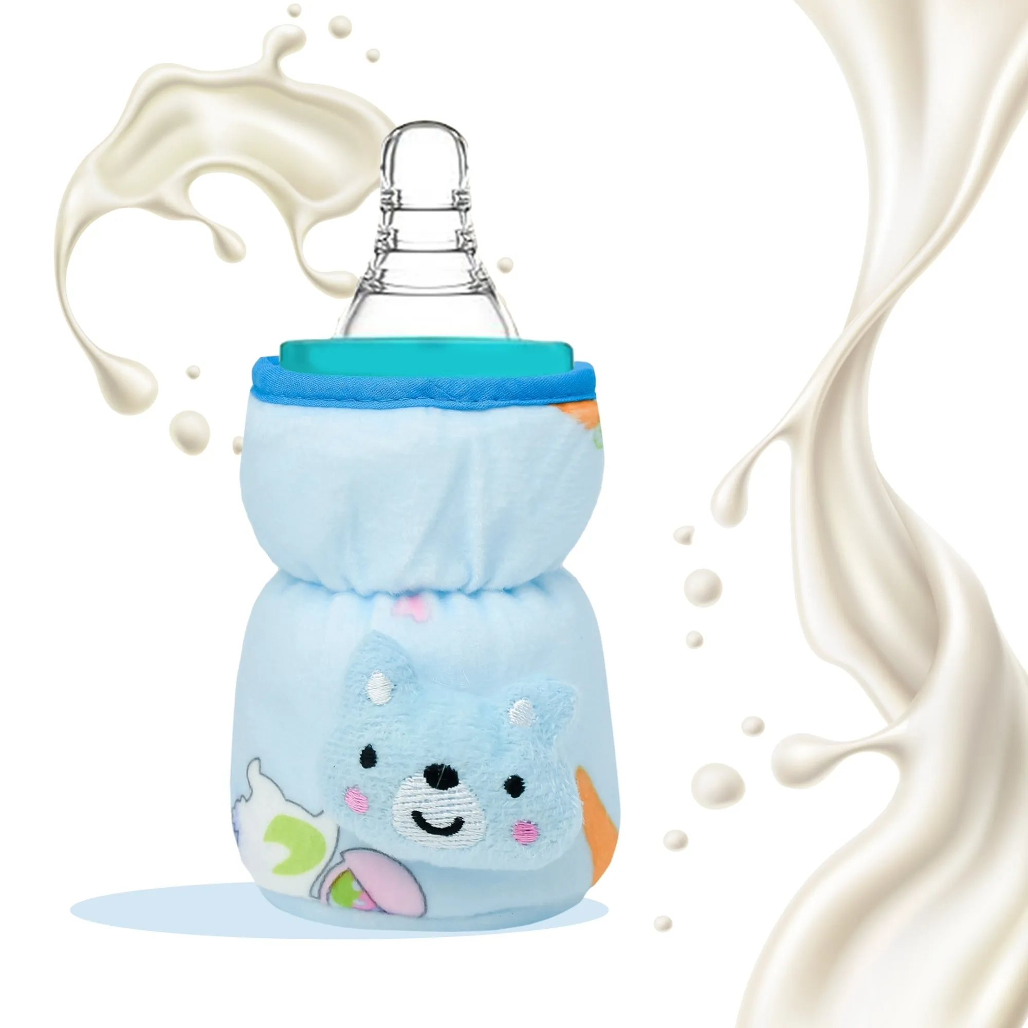 THE LITTLE LOOKERS Soft Plush Stretchable Baby Feeding Bottle Cover with Easy to Hold Strap and Zip l Feeding Bottles Cover