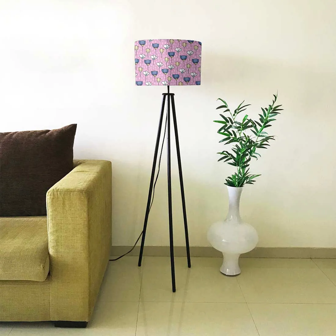 Tripod Floor Lamp Standing Light for Living Rooms -Blue And Yellow Flowers