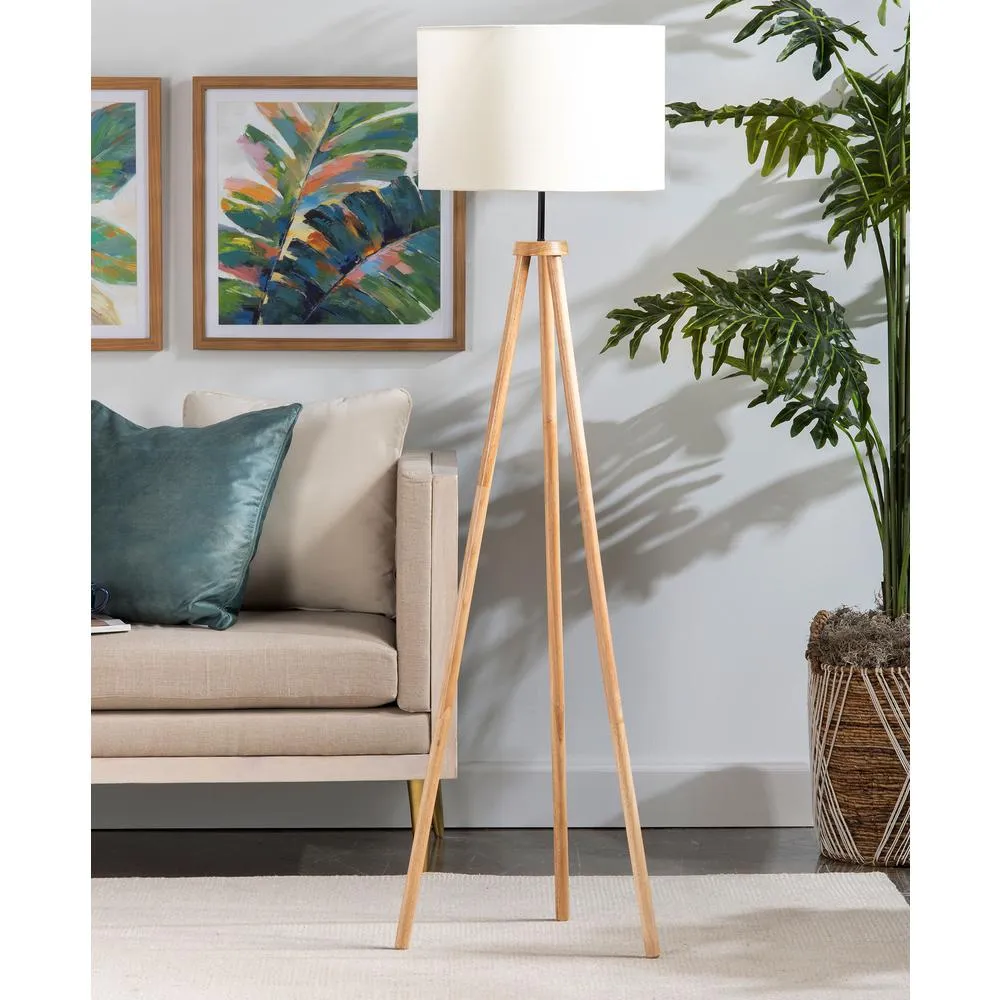 White Gold Tall Modern Mid Century Wood Tripod Floor Lamp