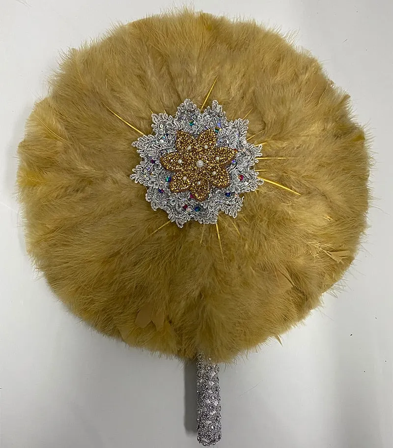 White Turkey Feather Fan and Gold Handle Nigerian Dance Brides