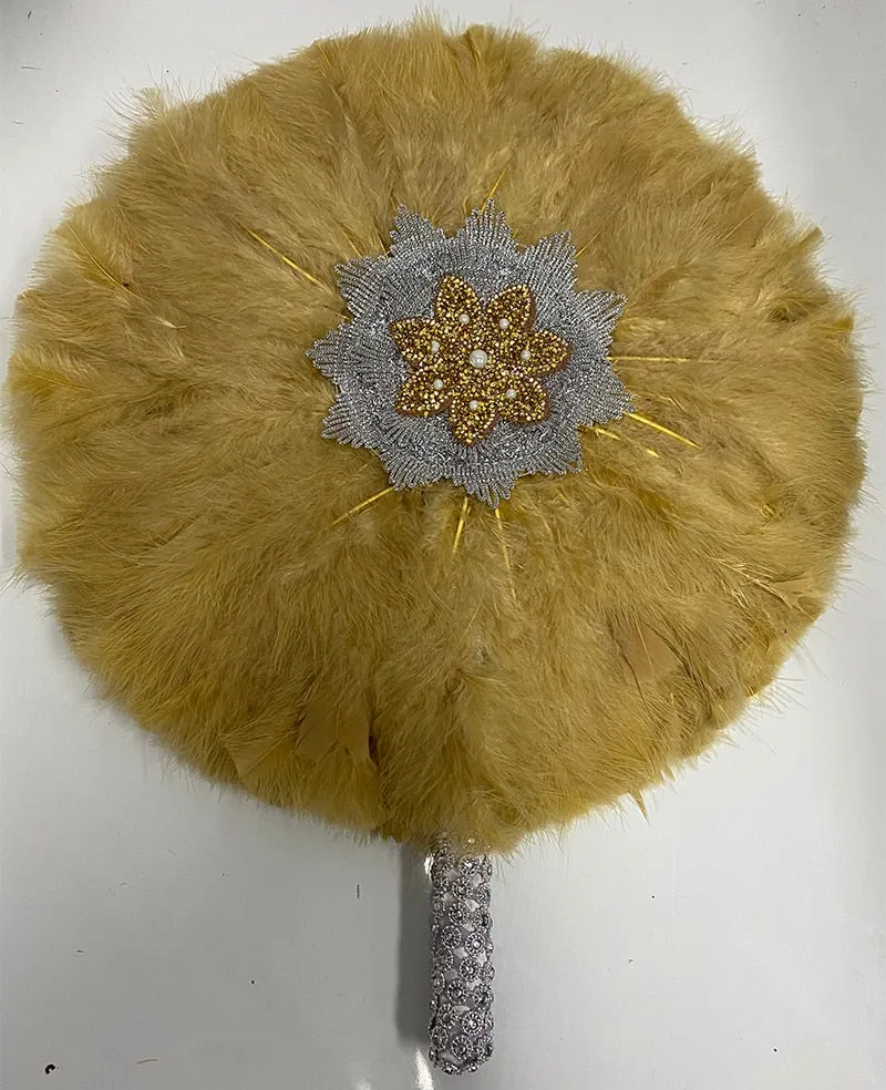 White Turkey Feather Fan and Gold Handle Nigerian Dance Brides