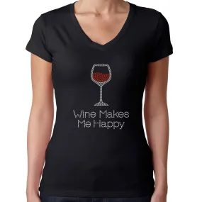 Womens T-Shirt Bling Black Fitted Tee Wine Makes Me Happy Glass