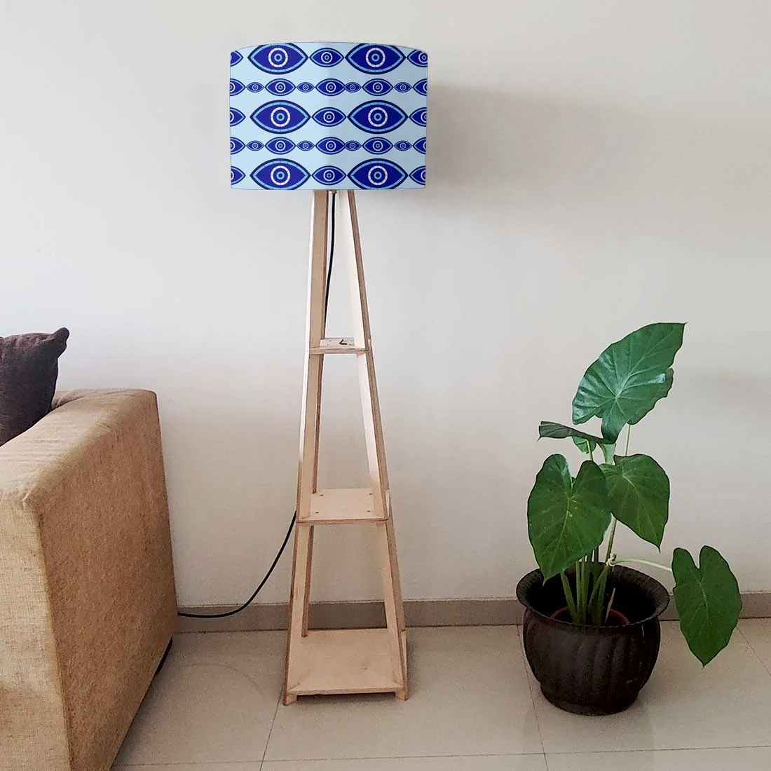 Wooden Tripod Floor Lamp with Shelf for Bedroom Living Room Decor - Evil Eye Protector