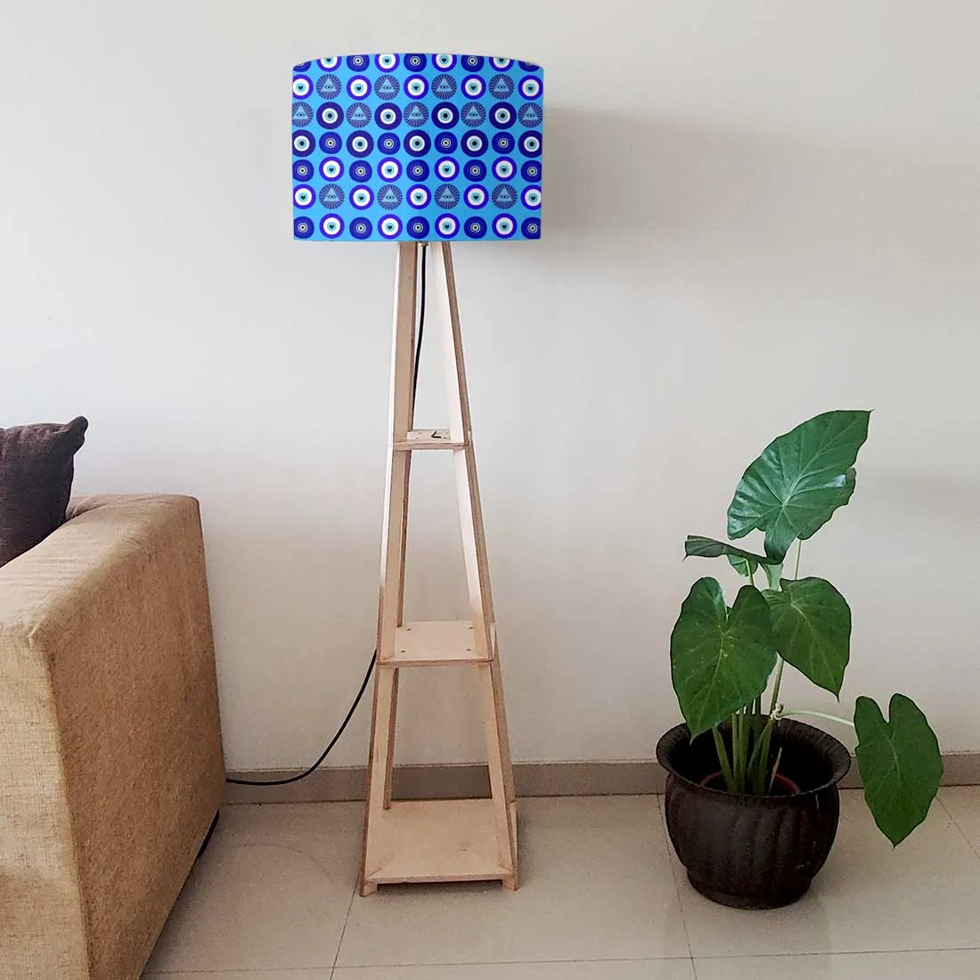 Wooden Tripod Floor Lamp with Shelf for Bedroom Living Room Decor - Evil Eye Protector