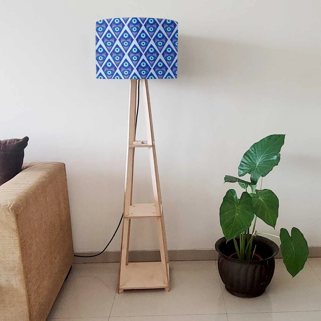 Wooden Tripod Floor Lamp with Shelf for Bedroom Living Room Decor - Evil Eye Protector