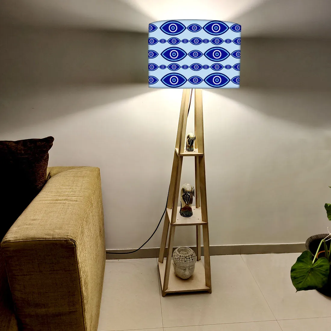 Wooden Tripod Floor Lamp with Shelf for Bedroom Living Room Decor - Evil Eye Protector