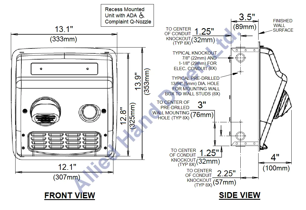 WORLD DRYER® RA57-Q974 Model A Series Hand Dryer - Cast-Iron White Porcelain Push Button Recessed (277V)